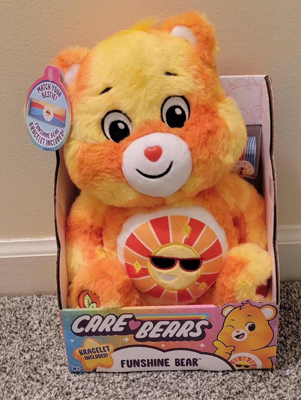 NEW Care Bears Funshine Bear Plush Stuffed Bear,  Bracelet Included